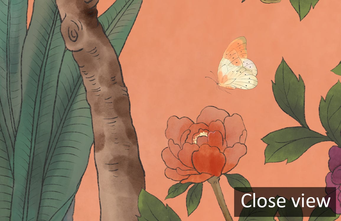 Close view of Chinoiserie Coral Garden Mural with exotic florals, butterflies on luxury wallpaper.