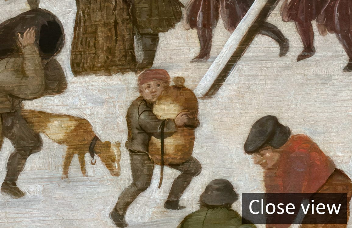 Close-up of Vintage Winter Village Scene Mural Wallpaper depicting rustic snowy countryside and figures.