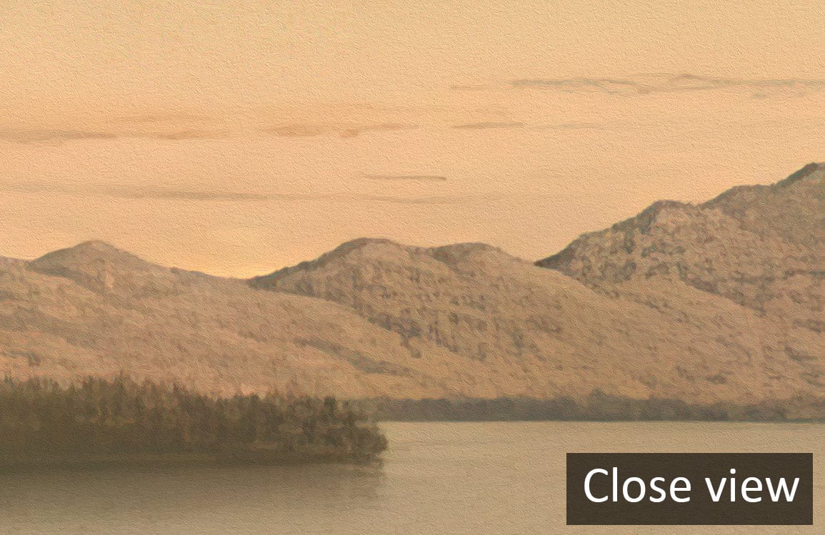 Tranquil Lake at Sunset Mural Wallpaper featuring serene landscape, dimension view, close-up detail image.