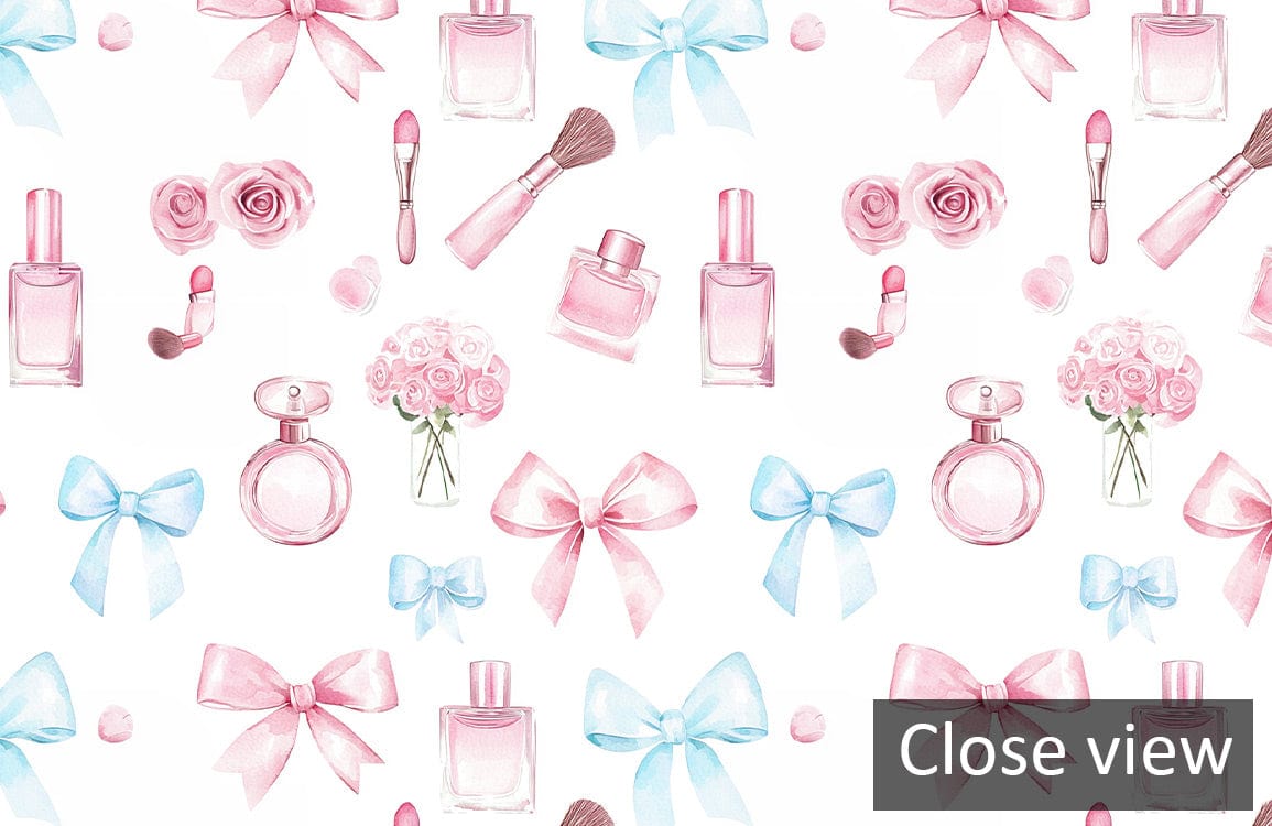 Pastel Floral Delight Wallpaper with pink blue bows, makeup brushes, and perfume bottles.