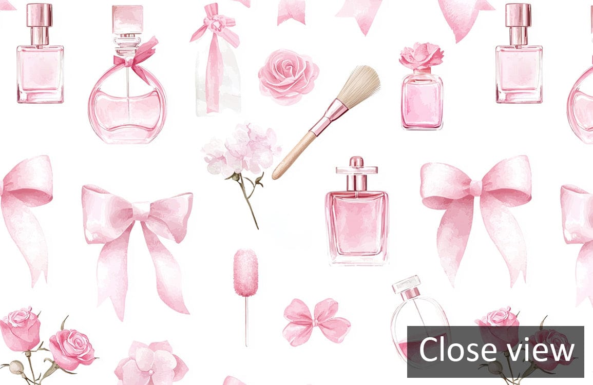 Pink floral wallpaper with perfumes and bows, vintage aesthetic, ideal for chic interior design decor.