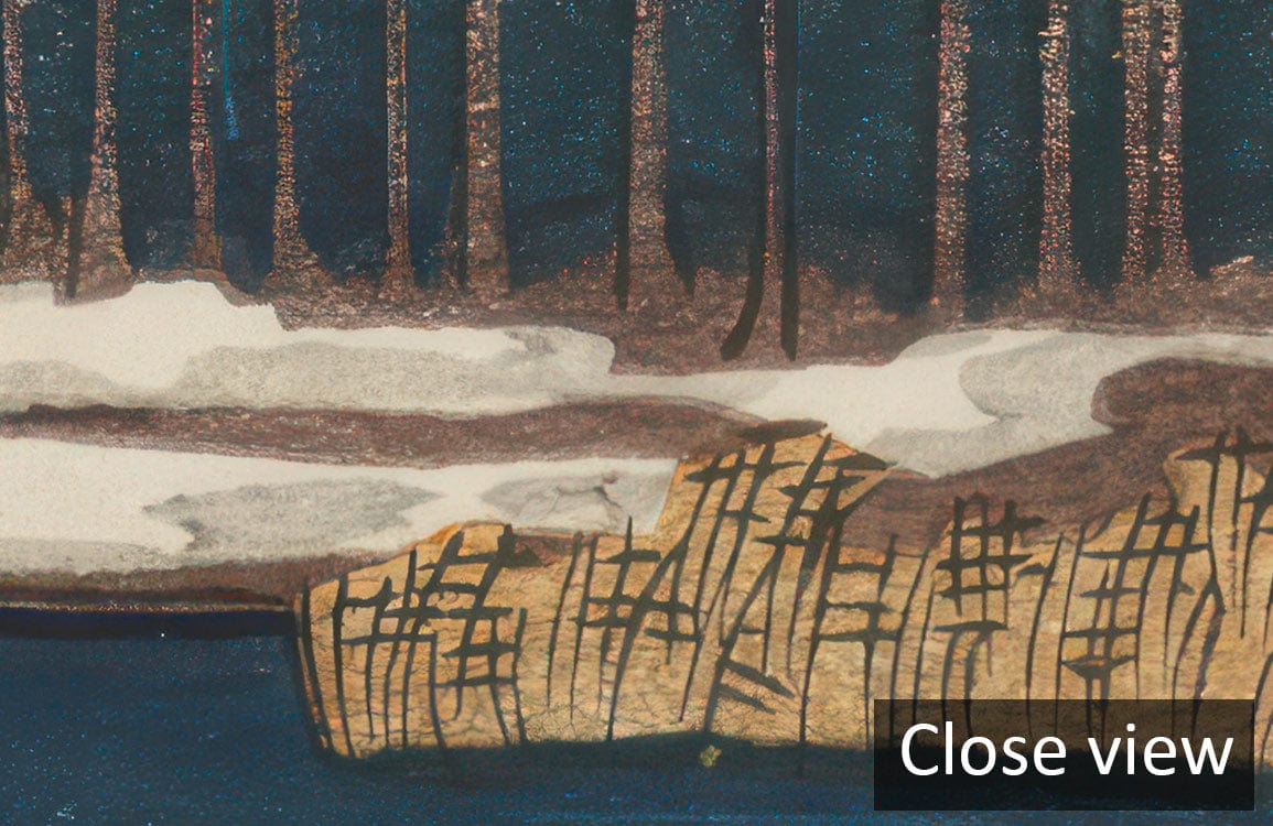 Close-up of Serene Winter Lake and Pine Forest Scenic Landscape Mural Wallpaper with detailed textures.