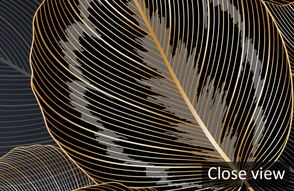 Close-up of modern gold leaf pattern wallpaper with elegant black background design, luxurious decor style.