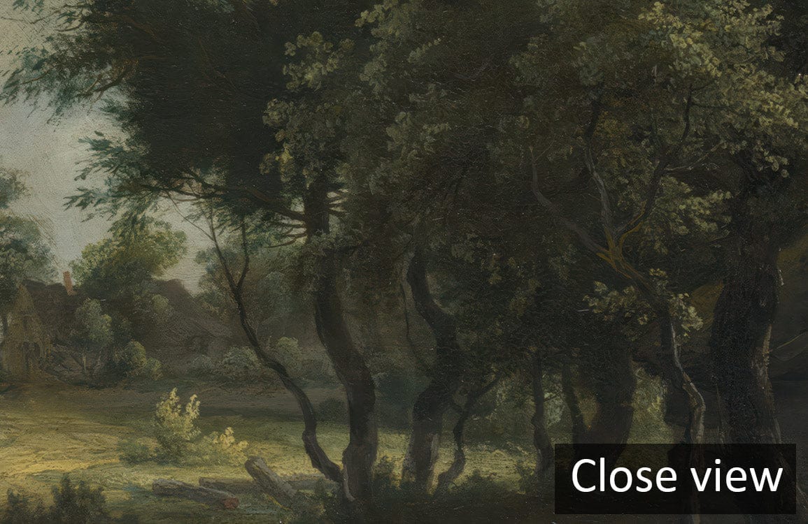 Close-up view of Rustic Countryside Landscape Mural Wallpaper with tranquil earthy tones, featuring trees.