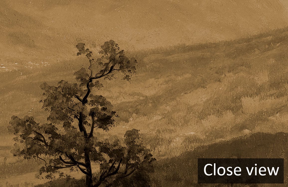Close view of Sepia Mountain Landscape Mural Wallpaper highlighting vintage natural tones and serene design.