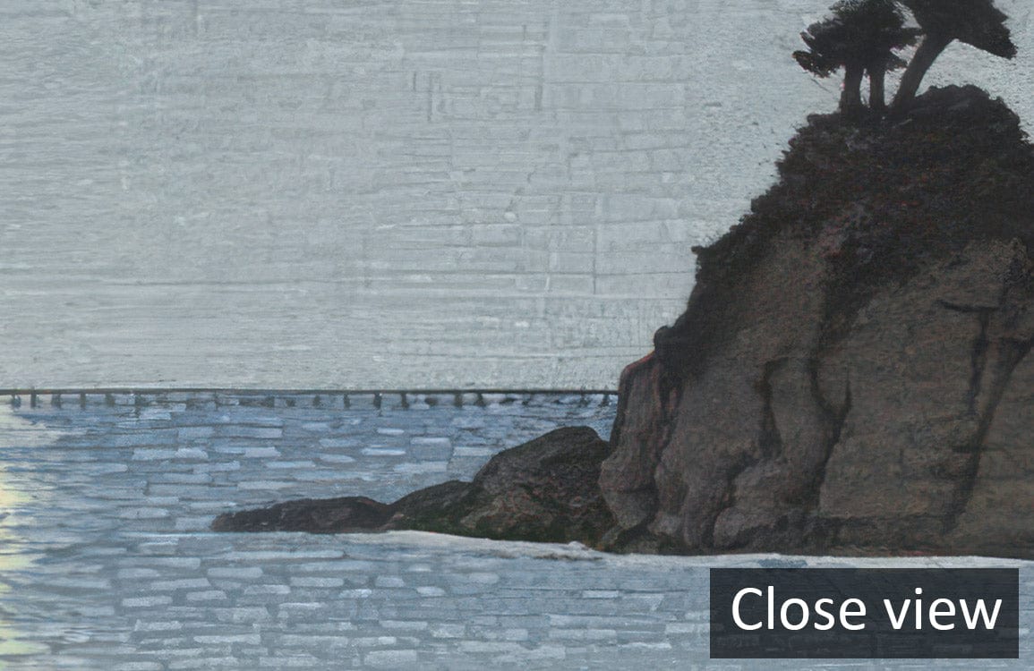 Mystical Moonlit Seascape Mural Wallpaper, serene coastal night scene with rocky shoreline, blue tones.