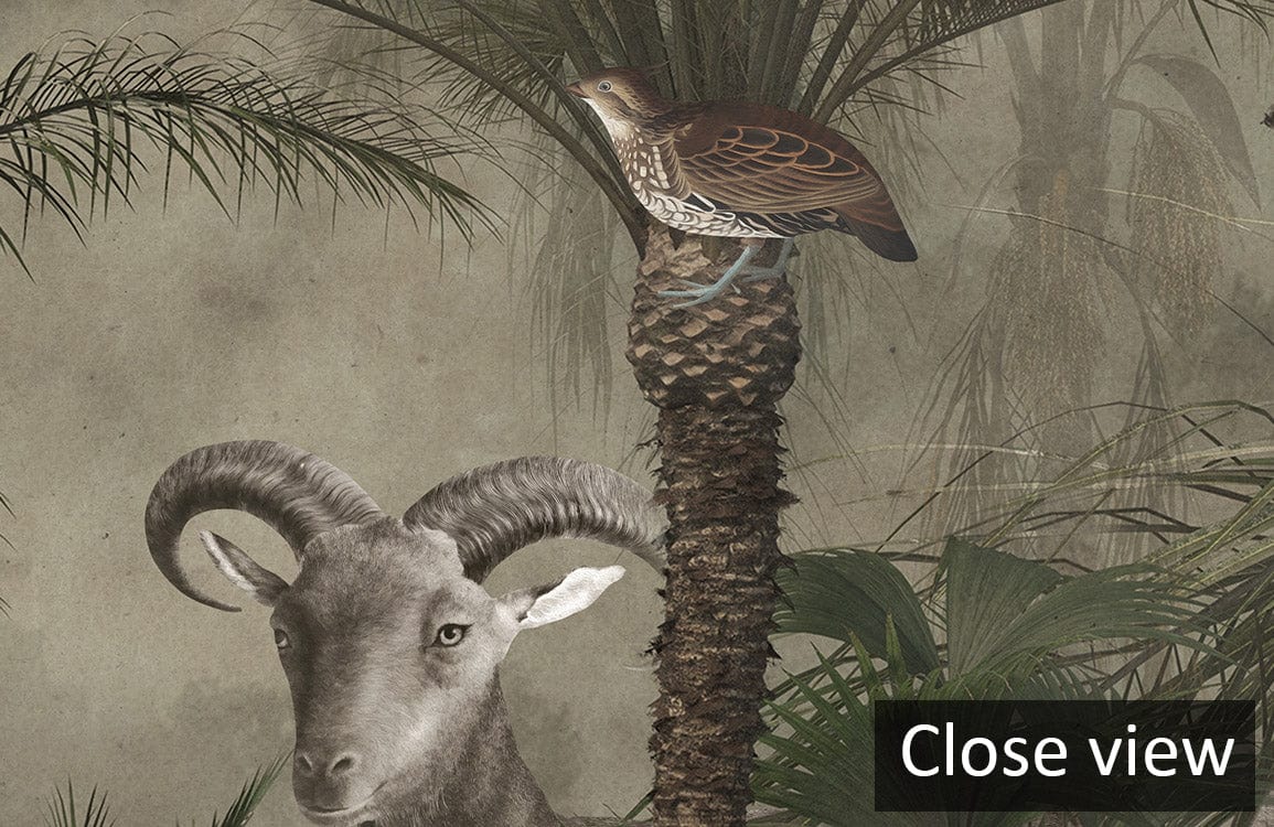 Close view of Exotic Jungle Safari Mural Wallpaper featuring wildlife, earthy tones, palm trees.