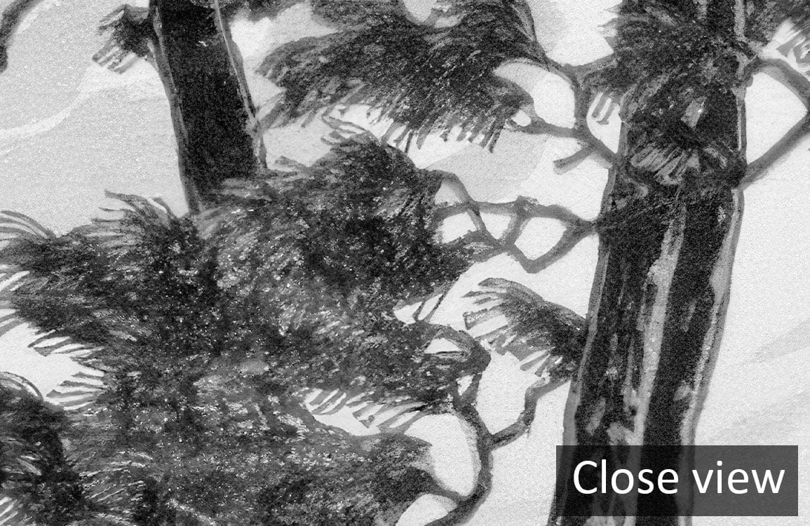 Close-up of monochrome coastal forest mural wallpaper in grey tones, nature-inspired design detail.