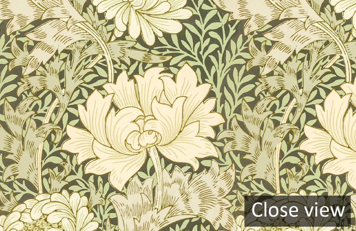 Elegant Sage Green Floral Pattern Wallpaper with vintage style, close-up view, botanical design elements visible.