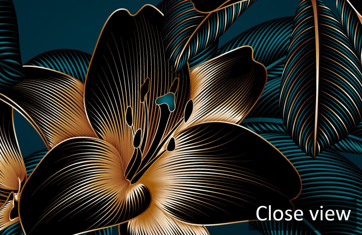 Elegant Midnight Floral Wallpaper showcasing gold accents and luxurious botanical design; detailed close view.