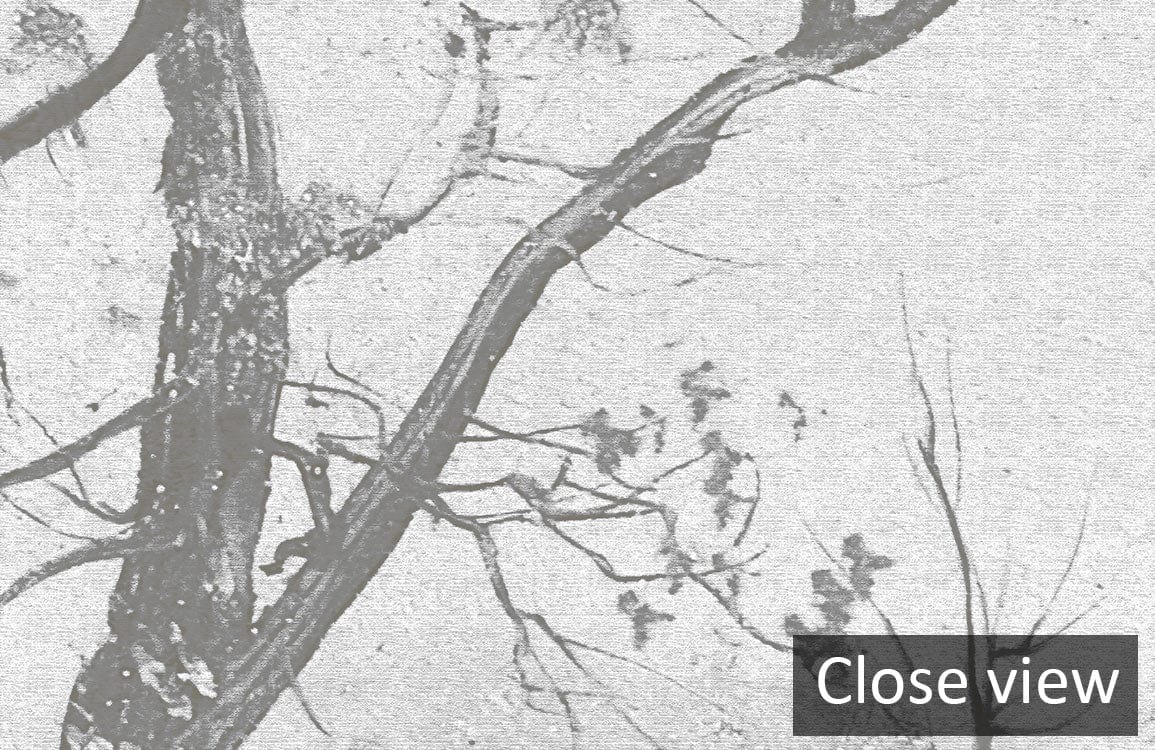 Monochrome forest mural, vintage elegance style, close-up view showing intricate tree details and texture.