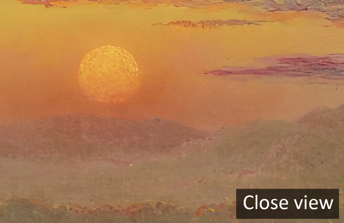 Close view of Sunset Serenity Landscape Mural in calming green and amber hues, artistic detail.