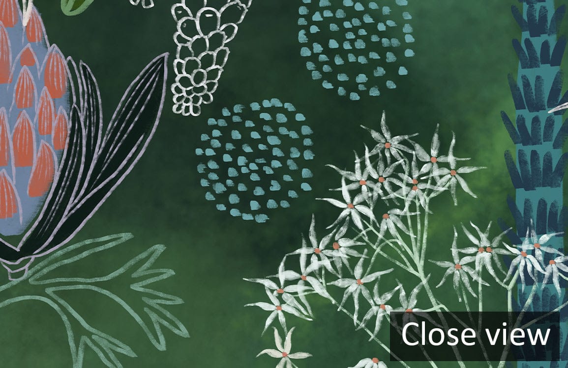 Close-up of Botanical Garden Fantasy Green Nature Mural Wallpaper showcasing vibrant floral design patterns.