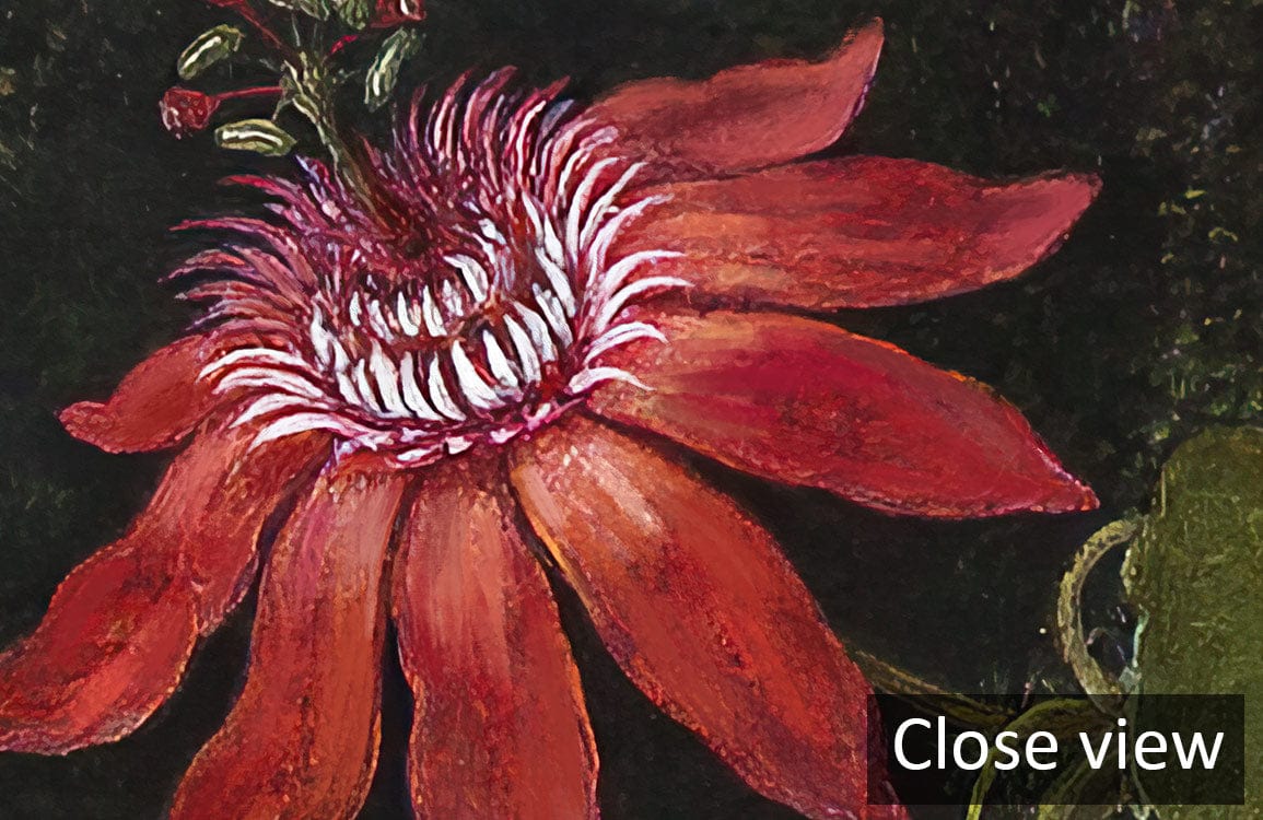 Close view of Vintage Tropical Mural Wallpaper showcasing exotic red flower petals, rich green foliage.