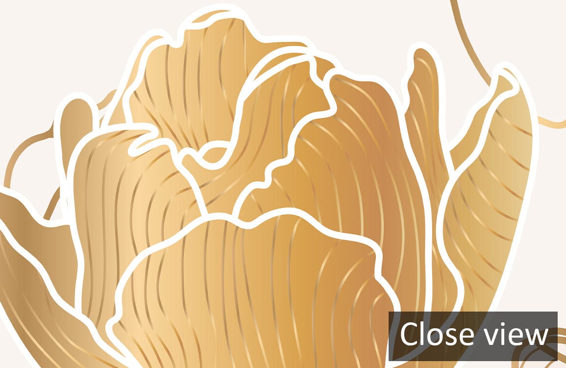Elegant gold tulip floral mural wallpaper close-up; luxurious metallic botanical design, no background elements.