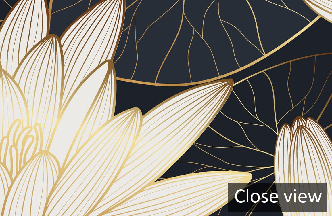 Close-up of Elegant Lotus Blossom Wallpaper in gold and navy floral design pattern.