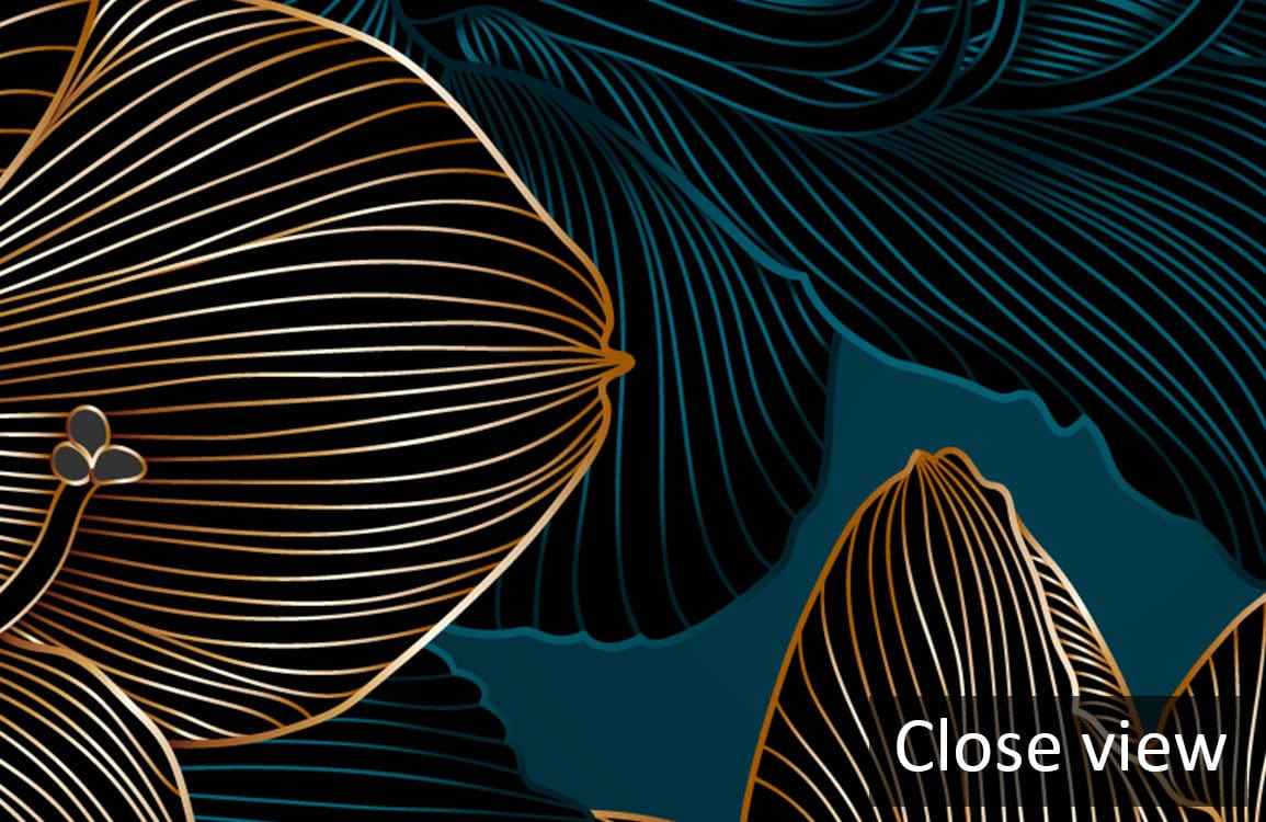 Elegant Midnight Blue Floral Line Art Wallpaper with Copper Accents, close-up view, rich detailing.