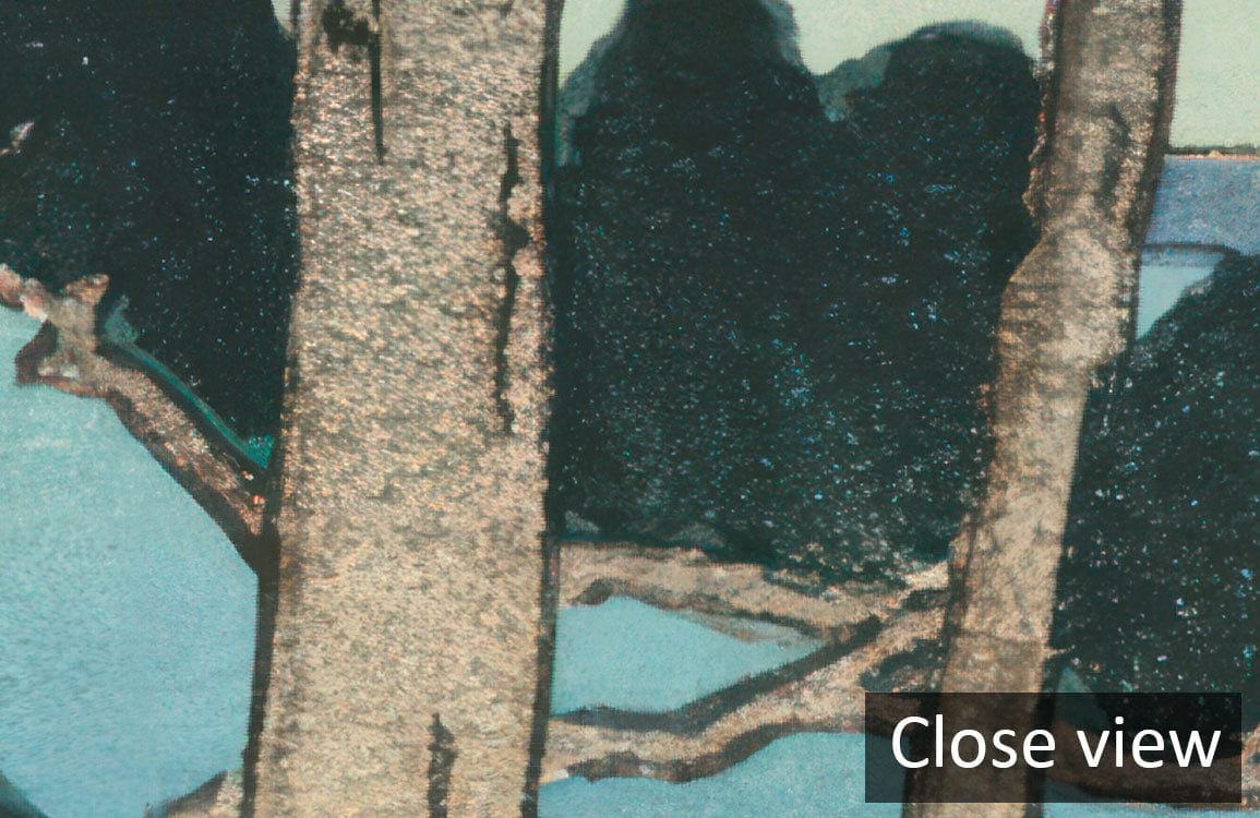 Tranquil Coastal Forest Scene Blue Green Mural Wallpaper Décor, close-up view, featuring forest detail.