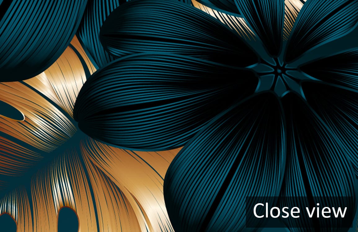 Close-up of elegant golden and teal wallpaper with tropical floral pattern for sophisticated decor settings.