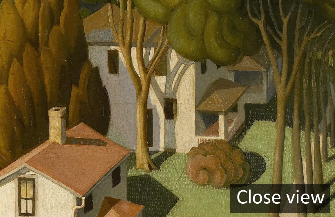 Close-up of Vintage Countryside Charm Mural Wallpaper featuring autumn colours and scenic houses among trees.