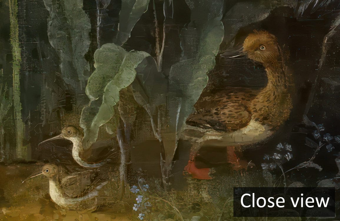 Close-up view of birds in Vintage Scenic Forest Landscape Mural Wallpaper, featuring lush, natural detail.