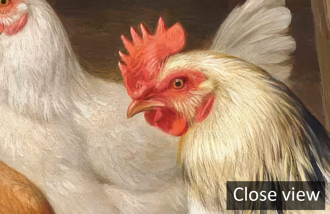 Close-up of Rustic Farmyard Charm Vintage Animal Mural Wallpaper in earthy tones, showcasing chickens.