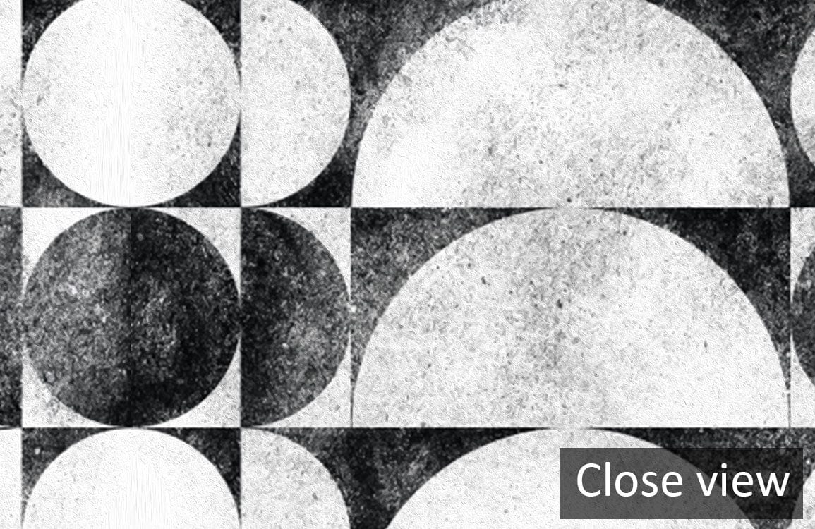 Monochrome geometric wallpaper close view, black and white modern design, circle pattern, texture detail.