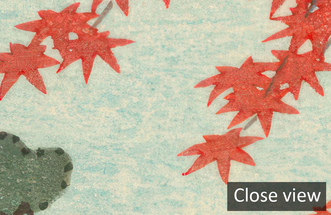 Close-up of Misty Forest Deer Mural Wallpaper featuring red autumn leaves design.