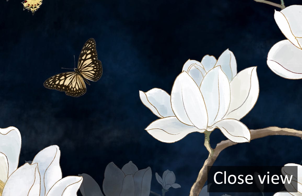Elegant White Magnolia Blossom mural on midnight blue, featuring a butterfly, close view.