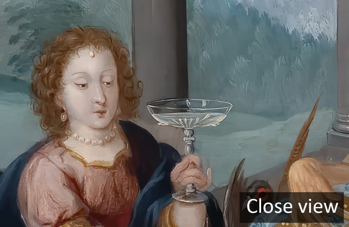 Opulent Baroque mural features elegant figure with wine glass; rich colours enhance classic wallpaper design.