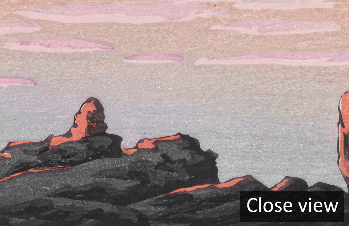 Tranquil Coastal Sunset Mural Wallpaper in soft pastel watercolour style, close view of rocky landscape.