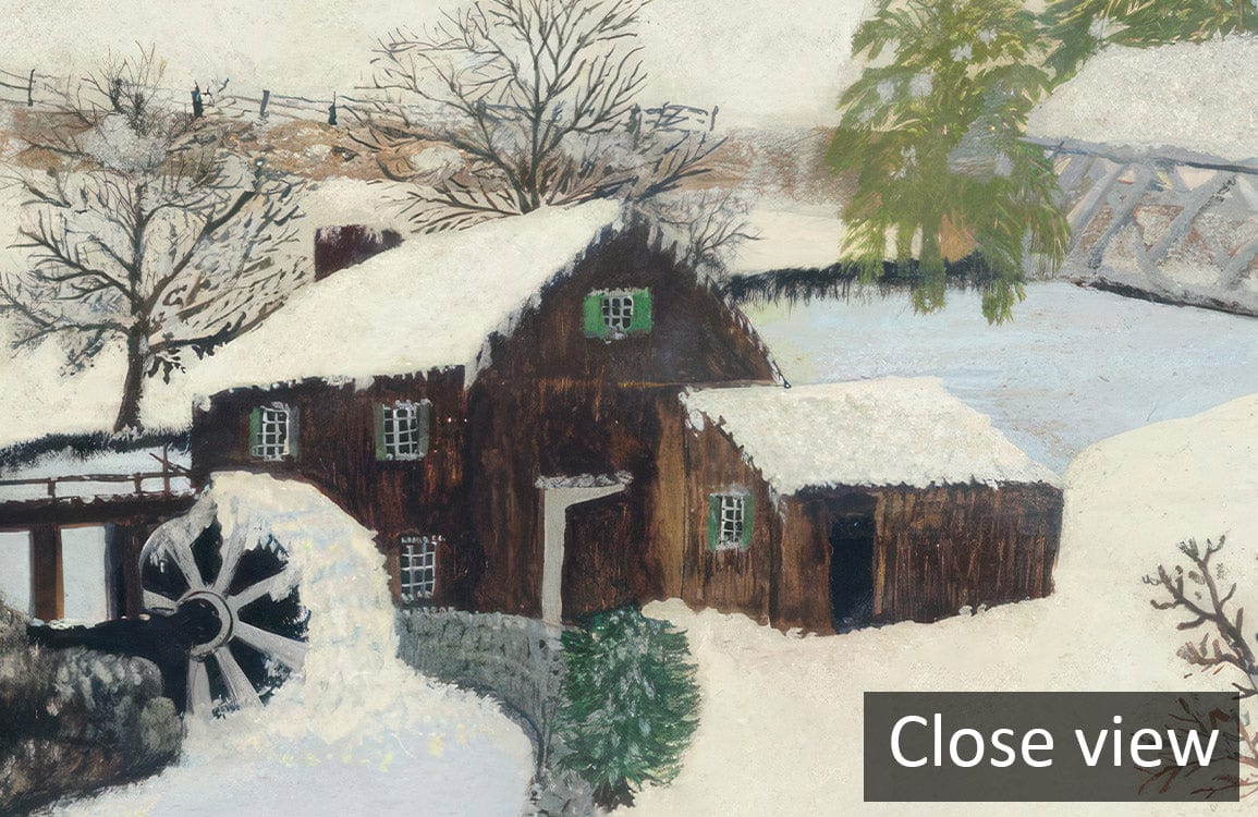 Vintage winter countryside mural wallpaper depicts serene snowy landscape with rustic watermill and trees.