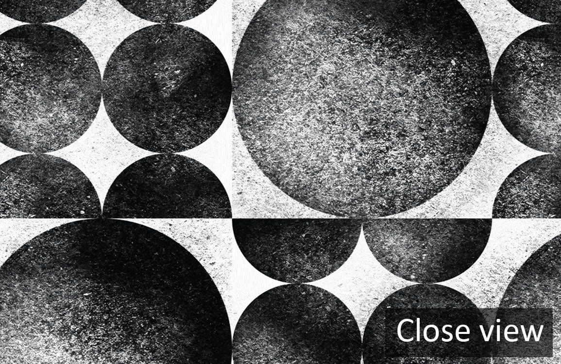 Textured black and white geometric spheres wallpaper, creating a modern monochrome design pattern.