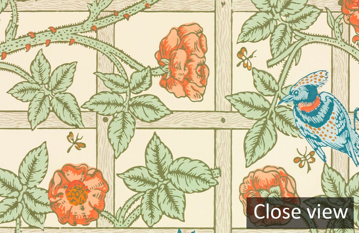 Close view of Vintage Botanical Garden Wallpaper featuring floral, green and orange design with bird details.
