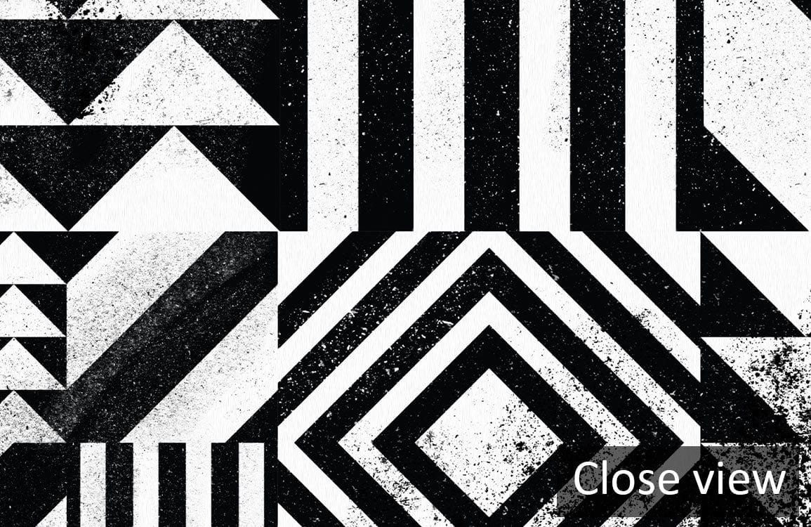 Monochrome Geometric Patterned Wallpaper, Black White Modern Art Deco Design, close-up detailed texture.