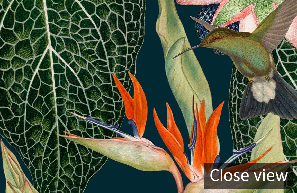 Close view of Tropical Jungle Oasis Botanical Mural featuring exotic leaves and vibrant hummingbird.