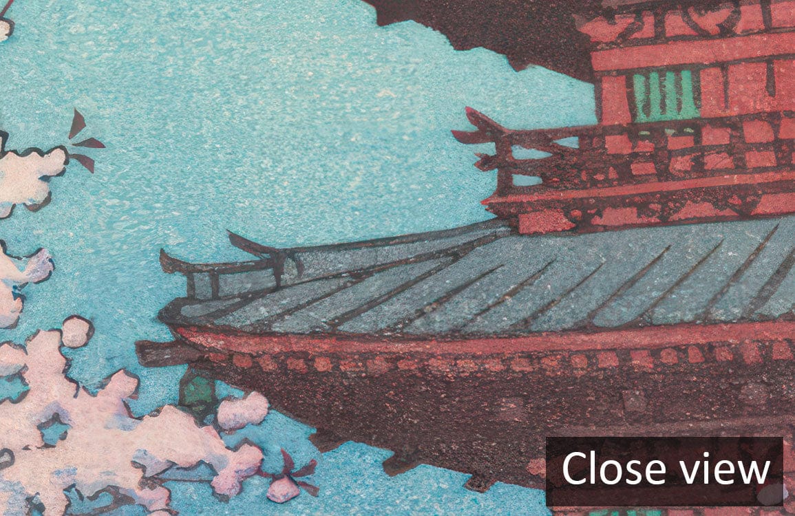 Close-up of Serene Japanese Pagoda and Cherry Blossom mural wallpaper design, intricate architectural detail.