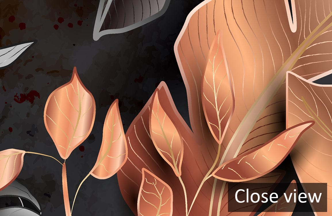 Close view of modern black wallpaper featuring copper and silver botanical leaves design.