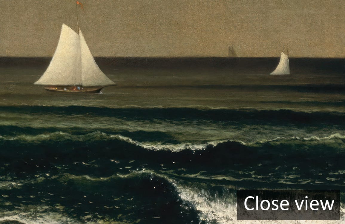 Close view of dark moody coastal mural wallpaper with sailing boats and dramatic sky, no furniture visible.