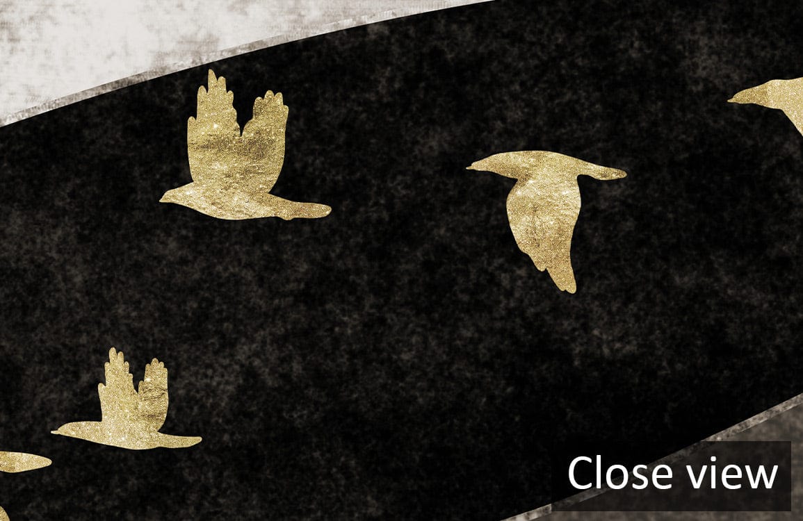 Close view of Abstract Waves and Birds Monochrome Mural Wallpaper with elegant gold bird accents.