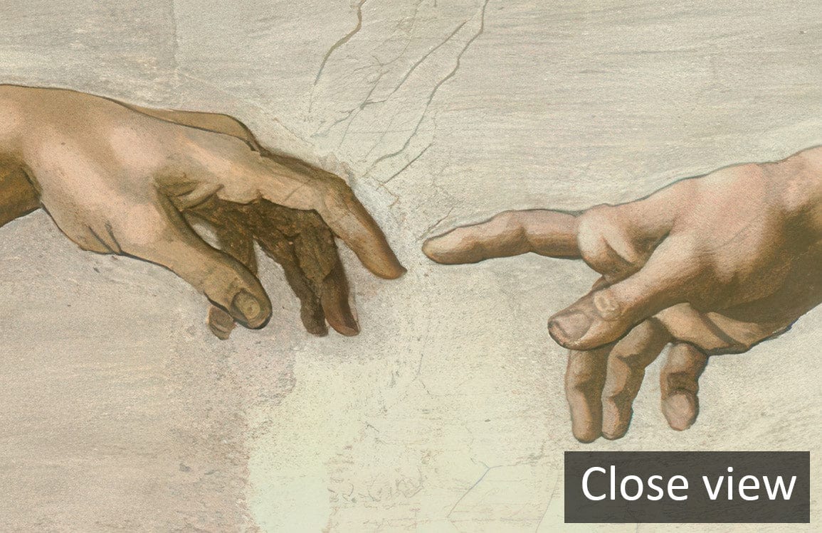 Close view of Renaissance Masterpiece Ceiling Fresco Mural Wallpaper, featuring detailed artistic hands design.