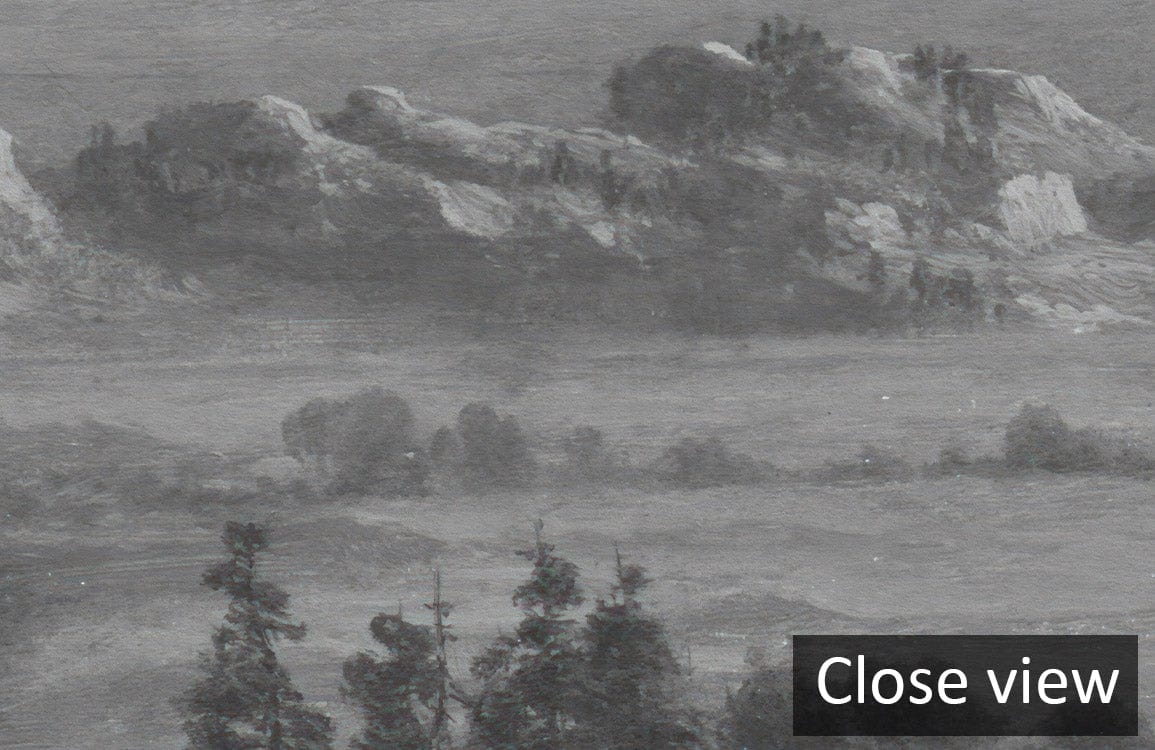 Monochrome Mountain Landscape Mural Wallpaper close view, Vintage Scenic Artistry Design, grey tones.
