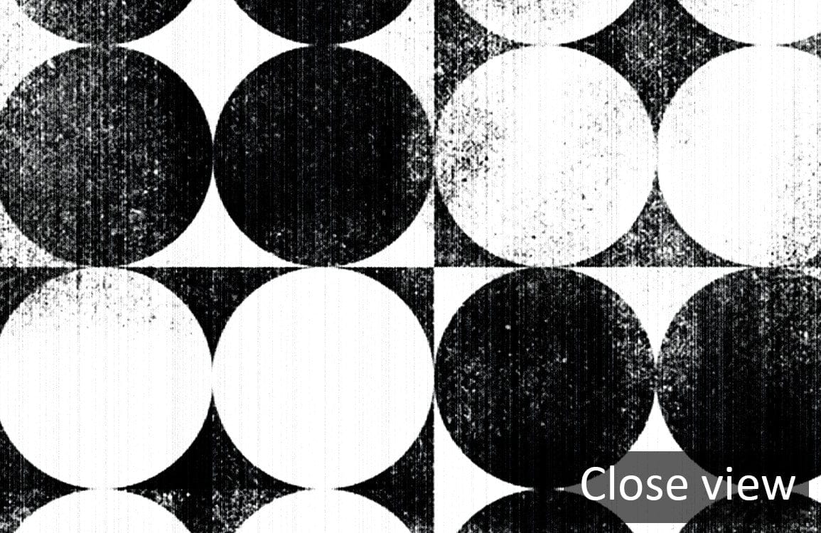 Monochrome geometric circles pattern wallpaper, black and white decor, op art style, close view.