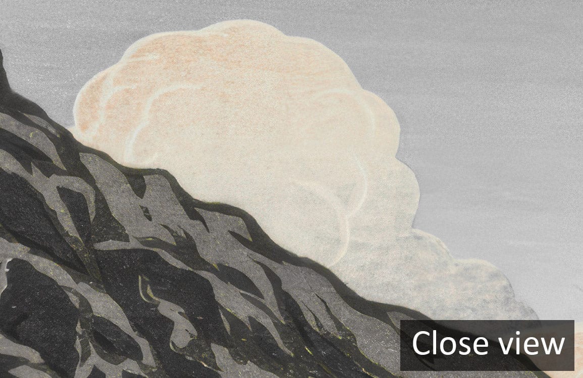 Close-up of Vintage Mountain Landscape Mural Wallpaper with grey and orange artistic design elements.