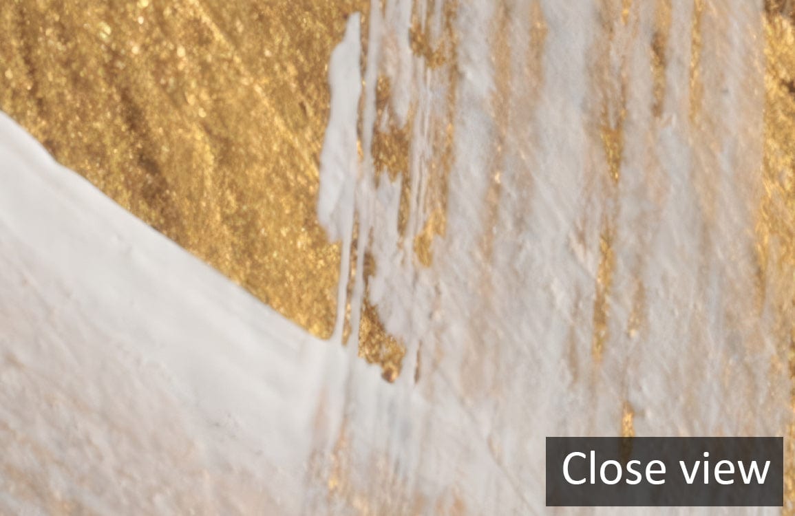 Close-up of elegant gold and white abstract brushstroke mural wallpaper design, detailed texture view.