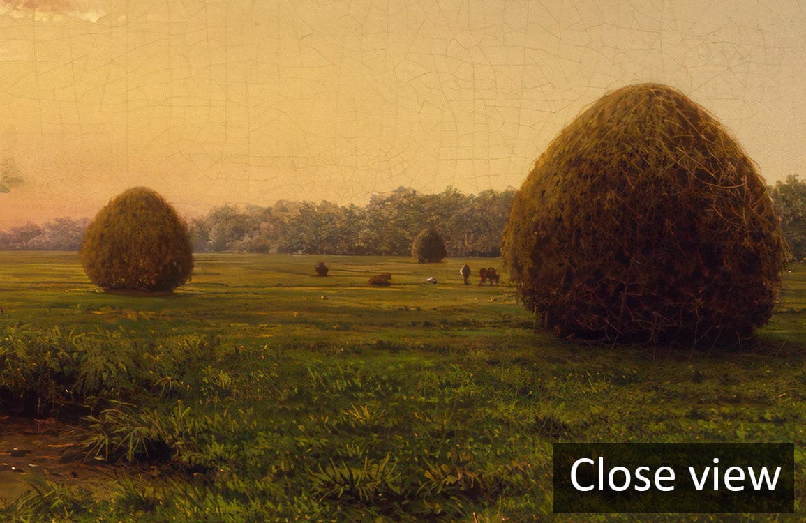 Serene Countryside Sunrise mural wallpaper golden landscape, haystacks in peaceful rural scene, close view.