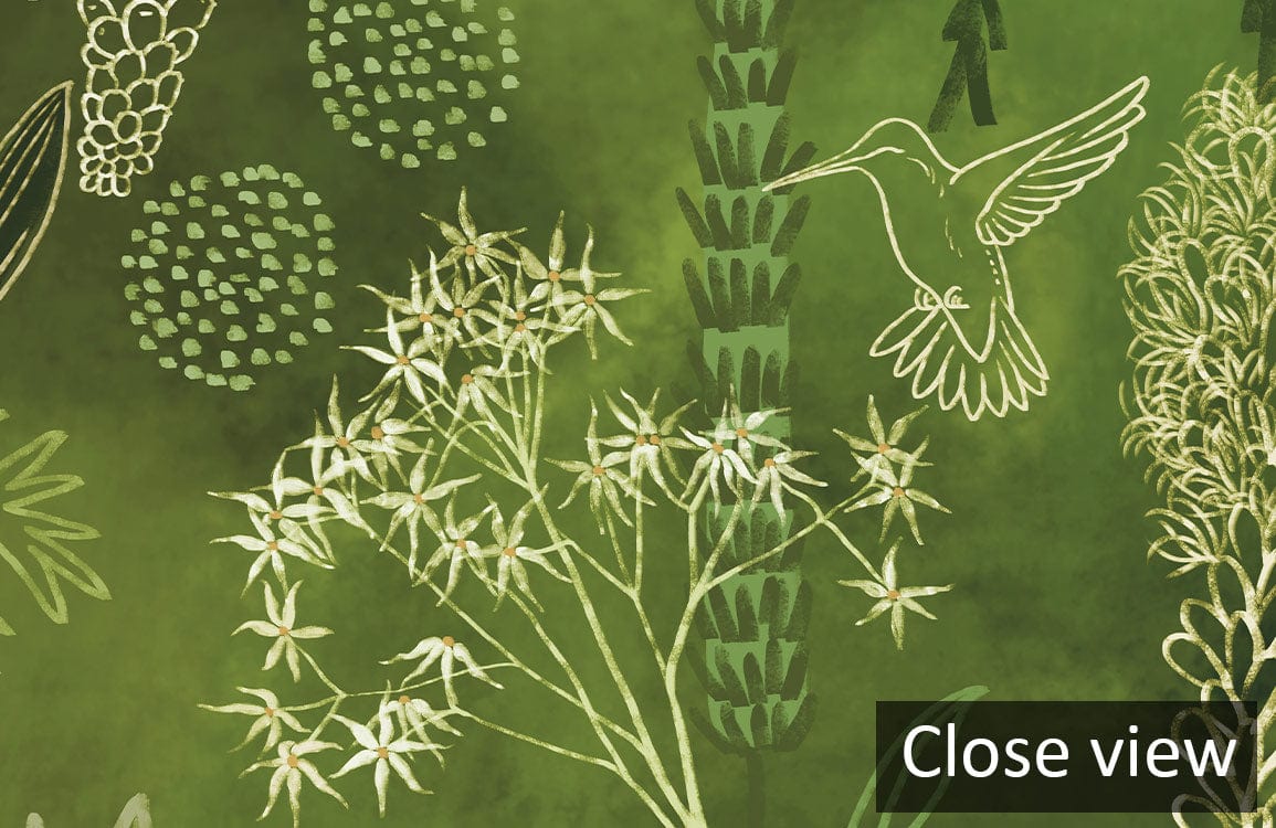 Close-up of Luxurious Green Botanical Garden Patterned Mural Wallpaper with floral motifs and hummingbird design.