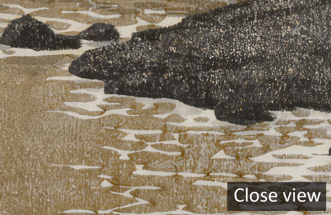 Close view of Serene Sepia Mountain Landscape Wall Mural, highlighting oriental design details and textures.