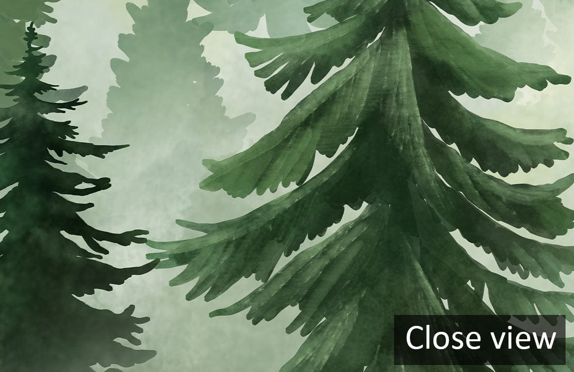Serene Forest Mist Green Mural Wallpaper close-up, watercolour style depicting tranquil forest scene.