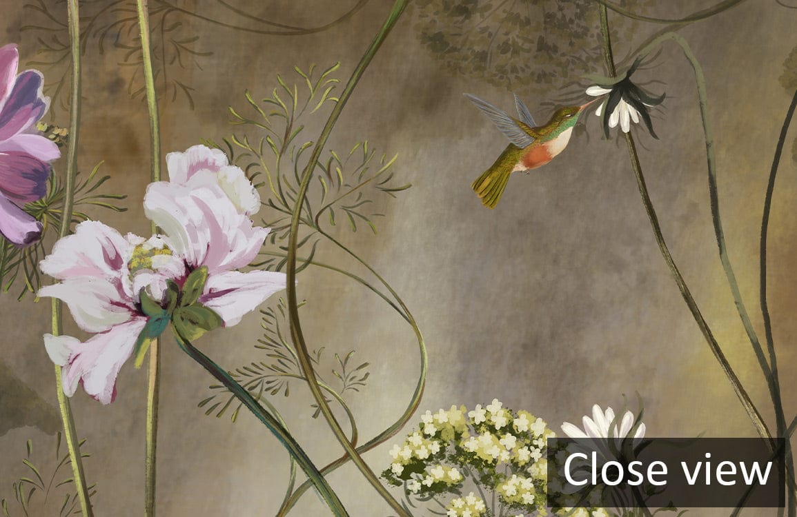 Close-up of Elegant Wildflower Garden Mural Wallpaper featuring earthy tones, delicate blooms, and greenery.